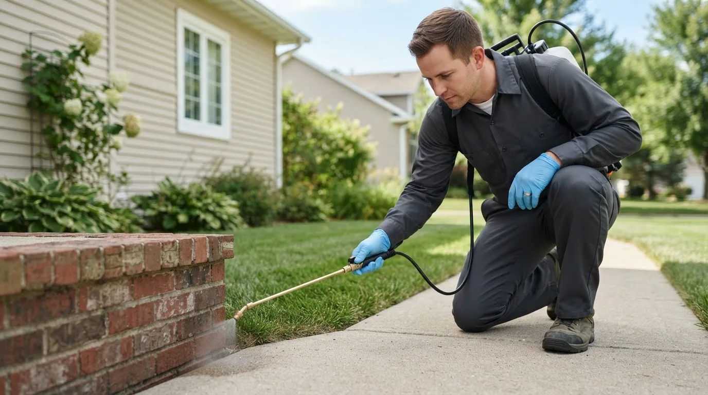 Pest control technician treating a home near New Waterford, OH