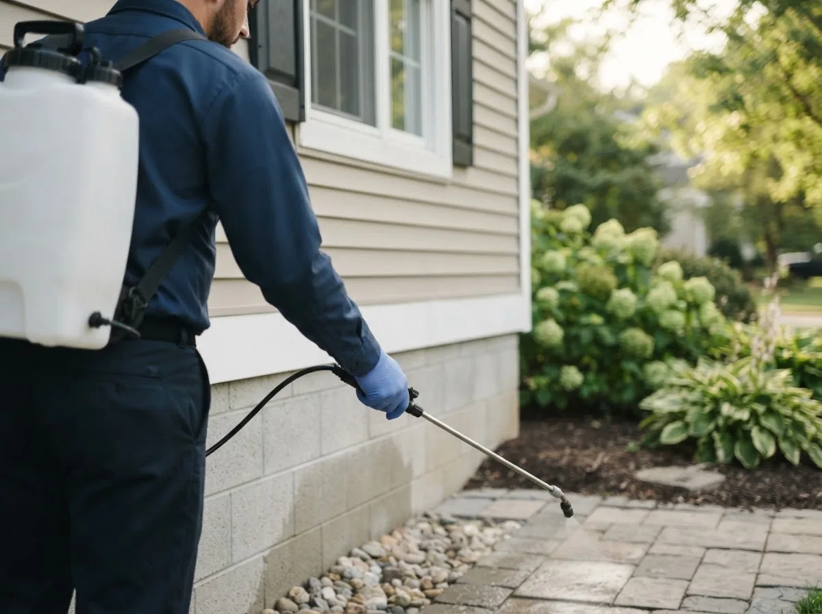 Pest control technician inspecting a home in New Waterford, OH